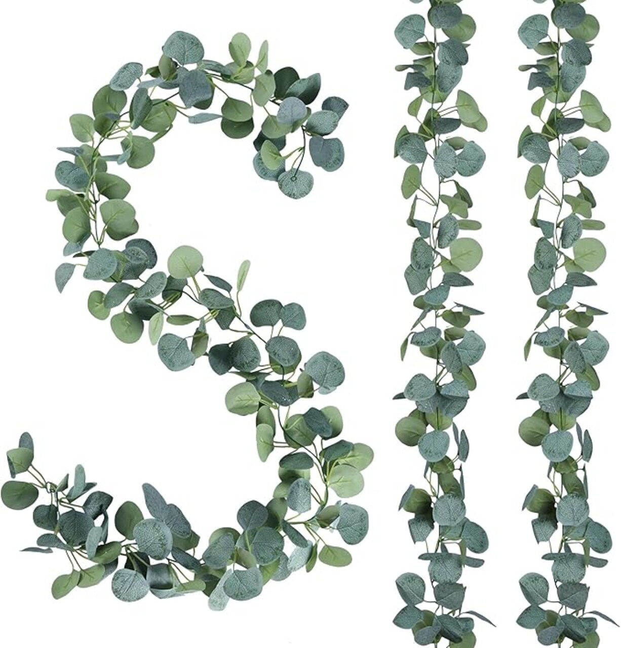 2 Pack Artificial Eucalyptus Garland Greenery Leaves Handmade 3D Silk Vines Silver Dollar Leaves Faux Leaf Plants for Wedding Wall Table Party Home Fireplace Bedroom Decor